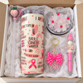 Breast Cancer Warrior Tumbler Gift Set with Pen, Keychain, Topper - gift boxed