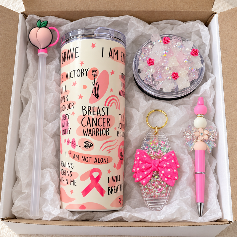 Breast Cancer Warrior Tumbler Gift Set with Pen, Keychain, Topper - gift boxed