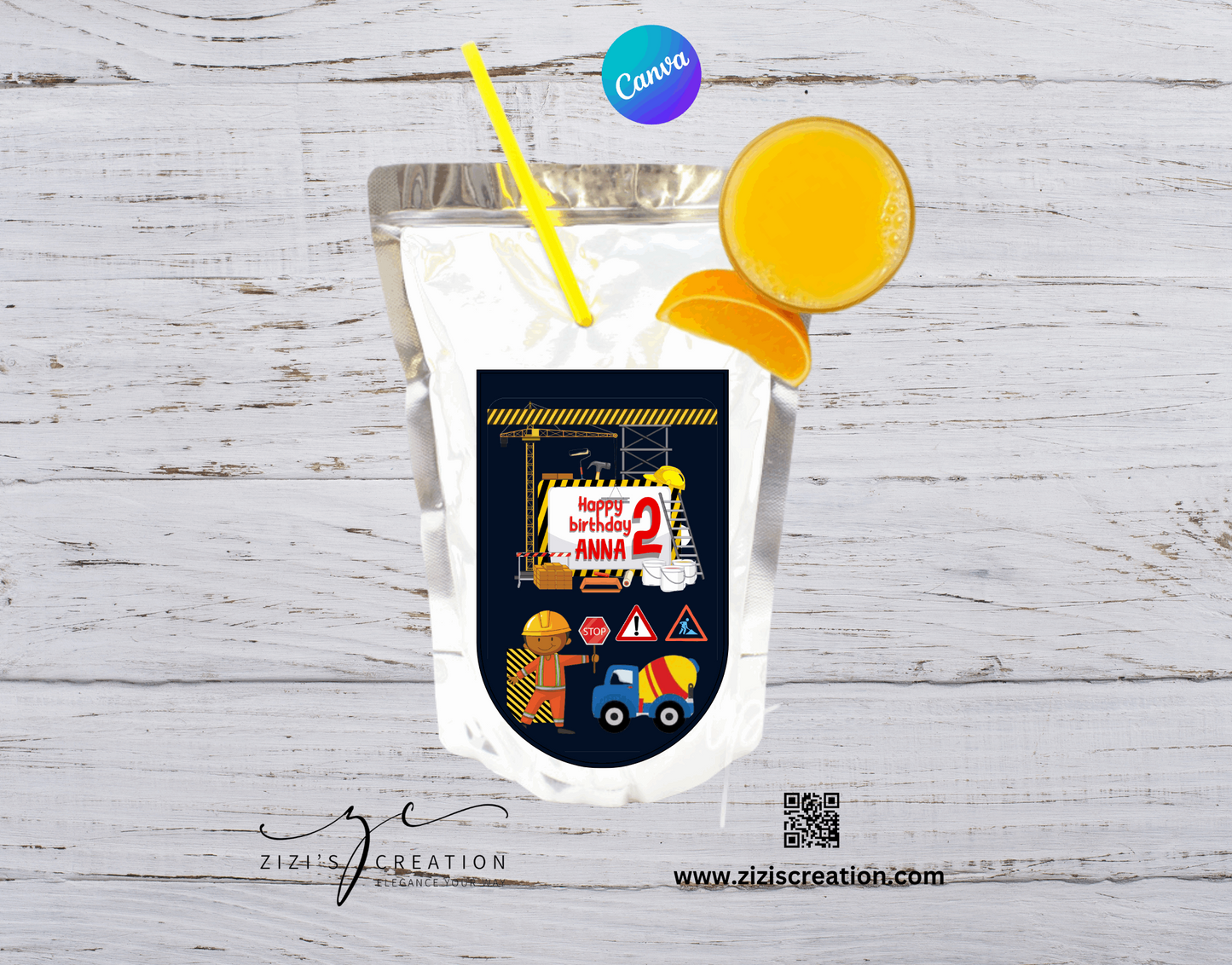 Capri Sun label | Construction | Unique Personalization | Party-Ready Digital Designs for Kids with Fun-Filled Kids Party Digital Designs