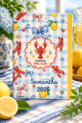 Close-up of personalized name and year printed on back cover of Summer Boil Club journal