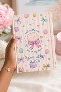 Personalized coastal coquette beach notebook styled with summer accessories