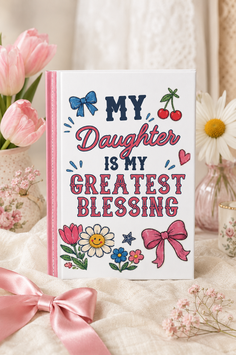 Personalized Daughter Journal with My Daughter is My Greatest Blessing white coquette keepsake notebook cover surrounded by florals and ribbons