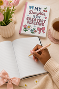 Open personalized daughter keepsake journal with hand writing in white coquette notebook