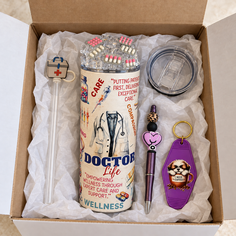 Doctor Gift Set: Doctor Life Tumbler with Pill Lid, Pen and Keychain - gift boxed