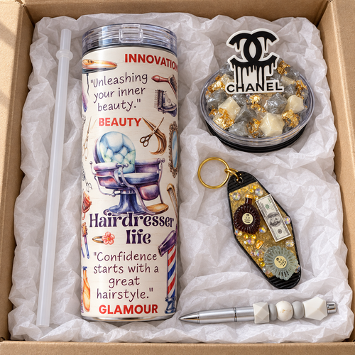 Hairdresser Gift Set: Gray and Gold Tumbler with Pen and Keychain - gift boxed