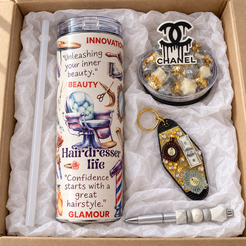 Hairdresser Gift Set: Gray and Gold Tumbler with Pen and Keychain - gift boxed