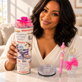 Hairdresser Gift Set: Pink Cowgirl Hat Tumbler, Pen and Keychain - held in hand