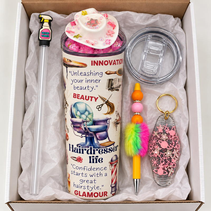 Hairdresser Gift Set: White Cowgirl Fixed Lid Tumbler, Pen, Keychain - gift boxed