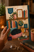Person holding a book with decorative cover featuring books, a cat, and a globe.