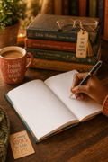 Person writing in a notebook with a mug of coffee and books on a wooden table.