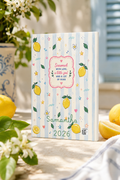 Personalized Nonna lemon themed keepsake planner journal with lemons and greenery on striped background