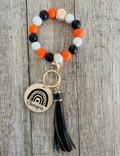 Orange Black & White Beaded Wristlet | Boho Keychain Wristlet | Silicone Bead Wristlet with Wood Pendant