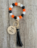 Orange Black & White Beaded Wristlet | Boho Keychain Wristlet | Silicone Bead Wristlet with Wood Pendant