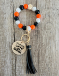 Orange Black & White Beaded Wristlet | Boho Keychain Wristlet | Silicone Bead Wristlet with Wood Pendant