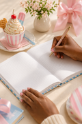 Person writing in a notebook with a cupcake and flowers on a table