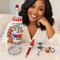 Funny Pharmacist Tumbler Gift Set with Badge Reel, Pen, Straw Covers - held in hand