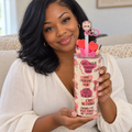 Pink Affirmations Tumbler Gift Set with Boba Lid, Pen and Keychain - held in hand