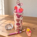 Pink Affirmations Tumbler Gift Set with Boba Lid, Pen and Keychain - lid options