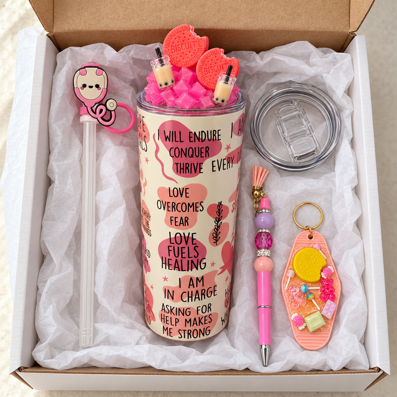 Pink Affirmations Tumbler Gift Set with Boba Lid, Pen and Keychain - gift boxed