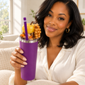 Purple Apple and Grapes Tumbler Gift Set, 3D Fake Ice Resin Lid - held in hand