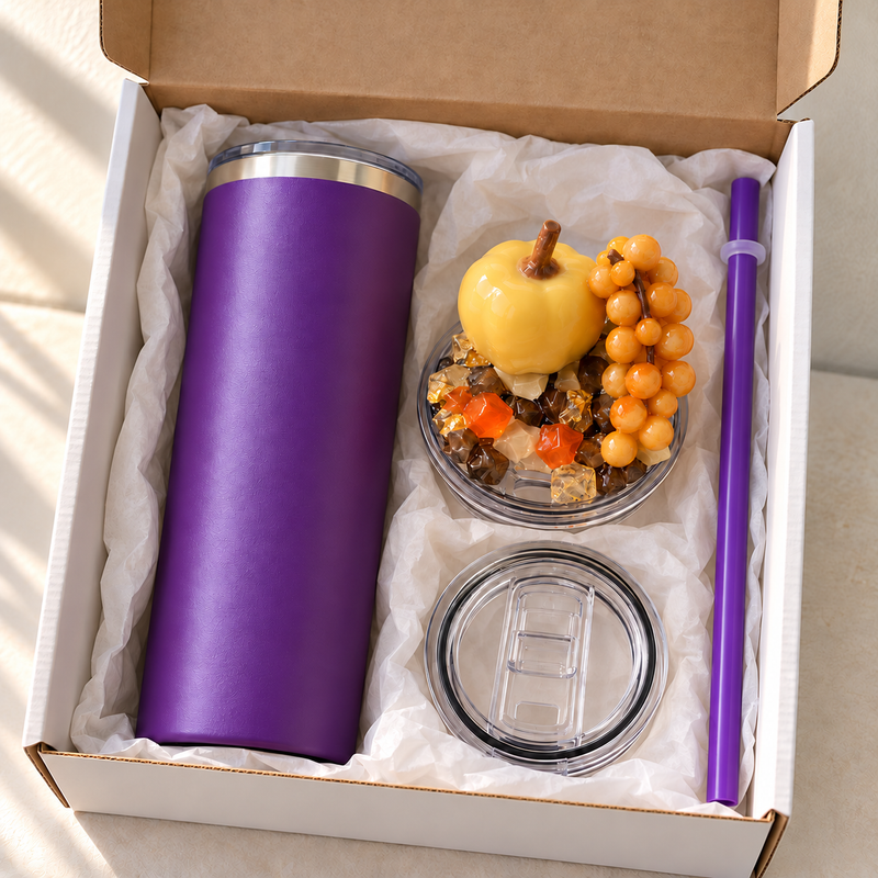 Purple Apple and Grapes Tumbler Gift Set, 3D Fake Ice Resin Lid - gift boxed