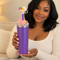 Purple Candy Cloud Tumbler Gift Set with Straw Cover, Pen, Keychain - held in hand