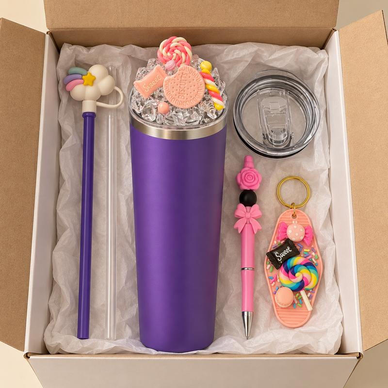 Purple Candy Cloud Tumbler Gift Set with Straw Cover, Pen, Keychain - gift boxed
