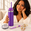 Purple Crystal Ice Tumbler Gift Set with Cat Keychain and Pen - held in hand