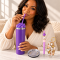 Purple Crystal Ice Tumbler Gift Set with Cat Keychain and Pen - lifestyle view
