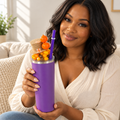 Purple Harvest Hat Tumbler Gift Set, Fall Pumpkin 3D Fake Ice Lid - held in hand