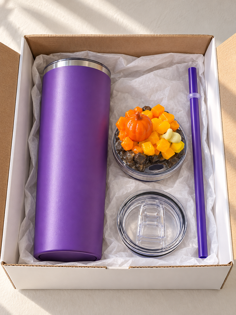 Purple Pumpkin Tumbler Gift Set with 3D Fake Ice Resin Lid, 20oz - gift boxed