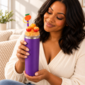 Purple Tumbler Gift Set with Orange Removable Topper, Pen, Keychain - lifestyle view