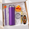 Purple Tumbler Gift Set with Orange Removable Topper, Pen, Keychain - gift boxed
