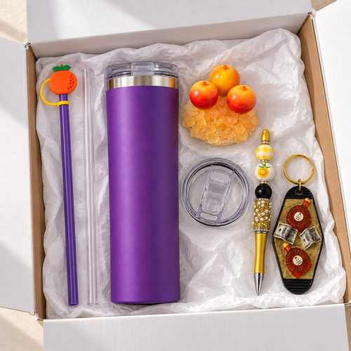 Purple Tumbler Gift Set with Orange Removable Topper, Pen, Keychain - gift boxed