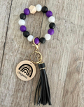 Purple Black & White Beaded Wristlet | Boho Keychain Wristlet | Silicone Bead Wristlet with Wood Pendant