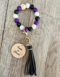 Purple Black & White Beaded Wristlet | Boho Keychain Wristlet | Silicone Bead Wristlet with Wood Pendant