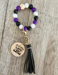 Purple Black & White Beaded Wristlet | Boho Keychain Wristlet | Silicone Bead Wristlet with Wood Pendant