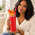 Red Acorn Tumbler Gift Set with Handmade 3D Fake Ice Resin Lid - held in hand
