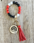 Red Black & White Beaded Wristlet | Boho Keychain Wristlet | Silicone Bead Wristlet with Wood Pendant