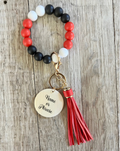 Red Black & White Beaded Wristlet | Boho Keychain Wristlet | Silicone Bead Wristlet with Wood Pendant