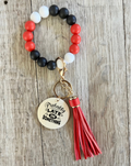 Red Black & White Beaded Wristlet | Boho Keychain Wristlet | Silicone Bead Wristlet with Wood Pendant