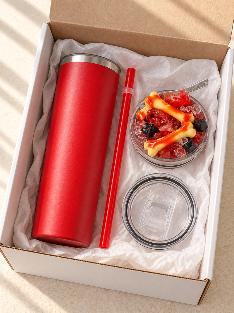 Red Bones Silver Cleaver Tumbler Gift Set, 3D Fake Ice Lid, 20oz - gift boxed