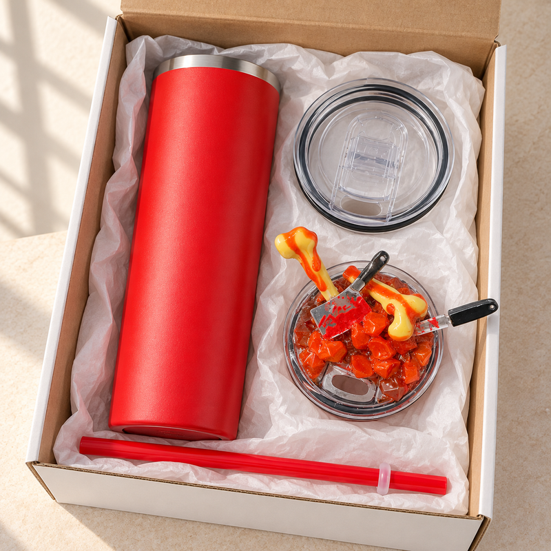 Red Bones and Cleavers Tumbler Gift Set, Horror 3D Fake Ice Lid - gift boxed