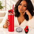 Red Cherry Tumbler Gift Set with Crystal Lid and Cherry Keychain - held in hand