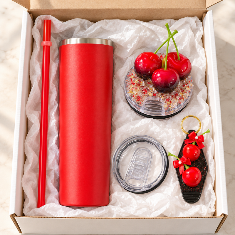 Red Cherry Tumbler Gift Set with Crystal Lid and Cherry Keychain - gift boxed
