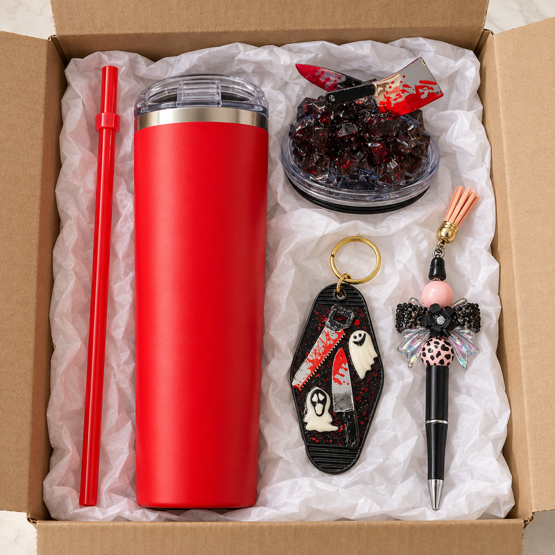 Red Cleaver Tumbler Gift Set with Ghost Keychain and Beaded Pen - gift boxed