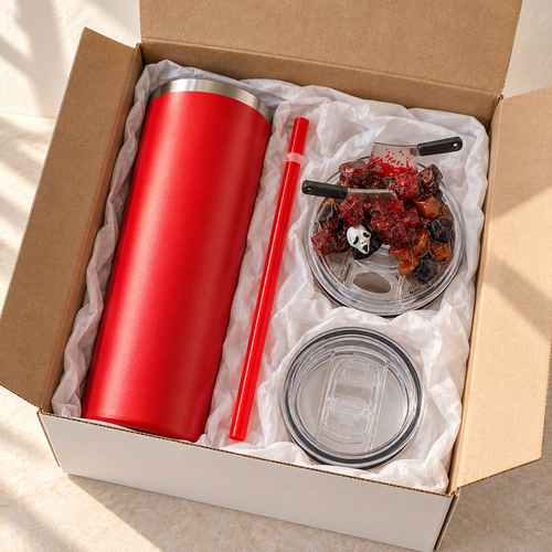 Red Horror Mask Tumbler Gift Set with Cleaver 3D Fake Ice Lid - gift boxed