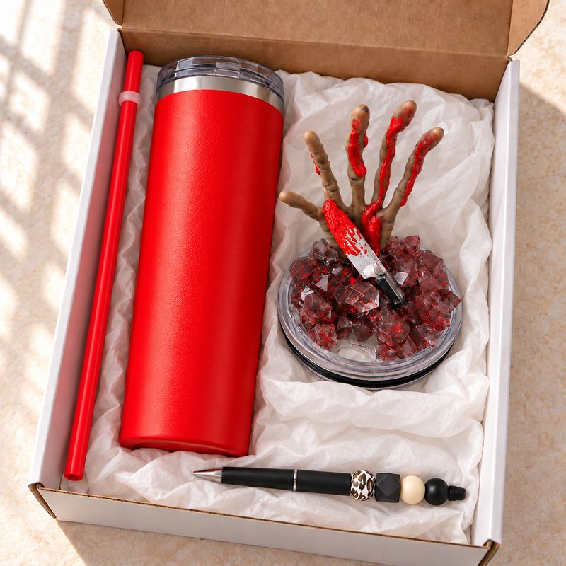 Red Skeleton Hand Tumbler Gift Set with Knife Lid and Beaded Pen - gift boxed