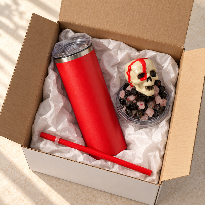 Red Skull Tumbler Gift Set with Handmade 3D Fake Ice Resin Lid - gift boxed