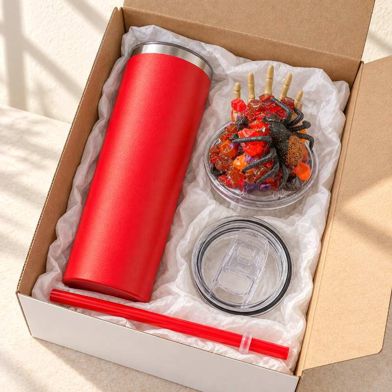 Red Spider Skeleton Hand Tumbler Gift Set, 3D Fake Ice Lid - gift boxed